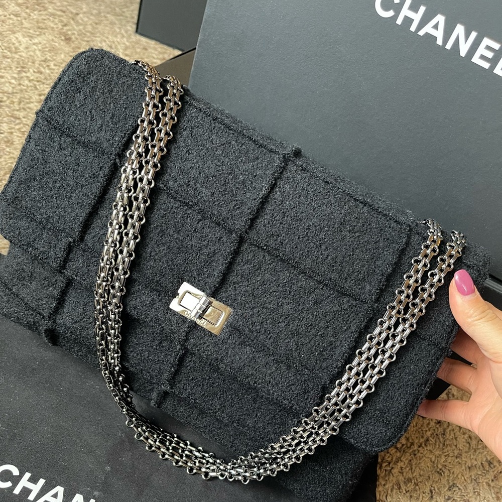 Chanel Chocolate Bar Mademoiselle Black Flap Bag Quilted Wool Jumbo - Picture 2 of 12